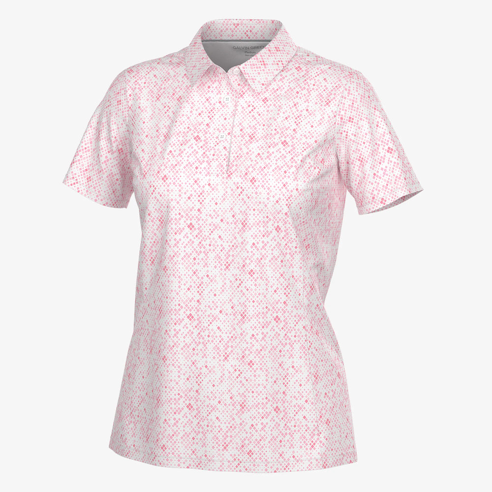Maud is a Breathable short sleeve golf shirt for Women in the color White/Camelia Rose(0)