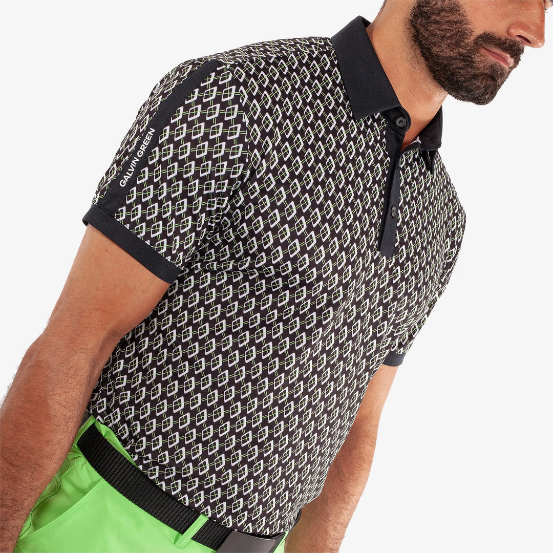 Maxwell is a Breathable short sleeve golf shirt for Men in the color Black/Fresh Green(3)