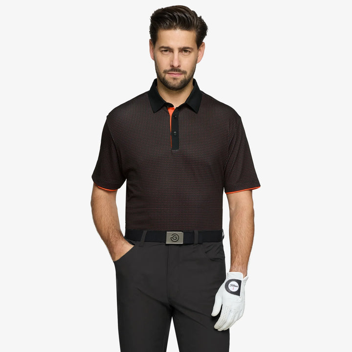 Medley is a Breathable short sleeve golf shirt for Men in the color Black/Orange(1)
