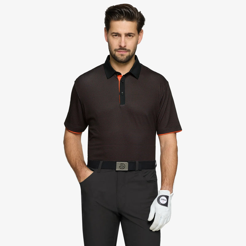 Medley is a Breathable short sleeve golf shirt for Men in the color Black/Orange(1)