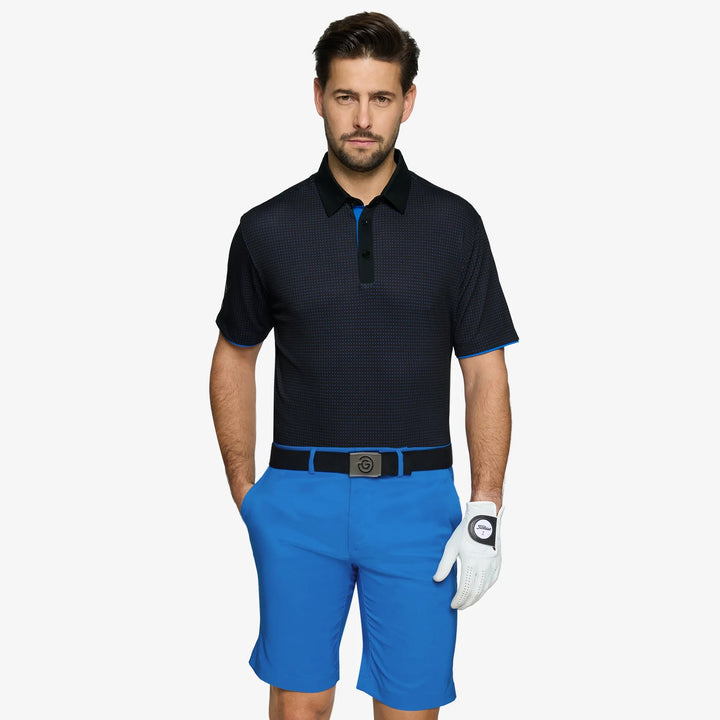 Medley is a Breathable short sleeve golf shirt for Men in the color Black/Royal Blue(1)