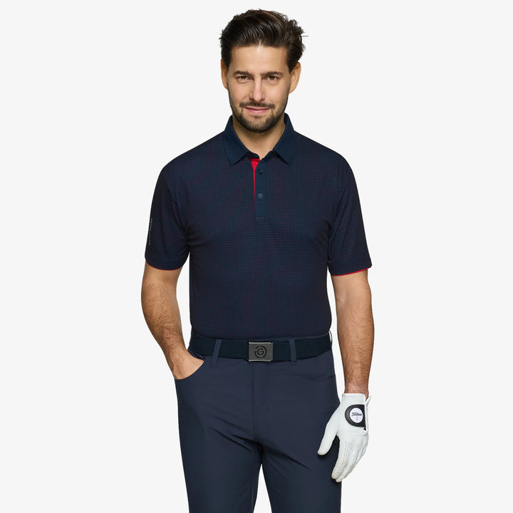 Medley is a Breathable short sleeve golf shirt for Men in the color Navy/Red(1)