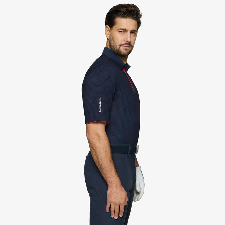 Medley is a Breathable short sleeve golf shirt for Men in the color Navy/Red(3)