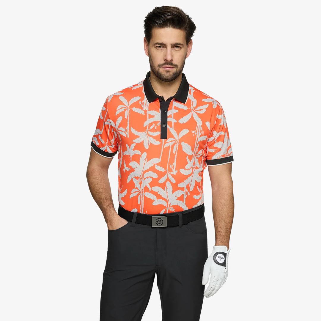 Merry is a Breathable short sleeve golf shirt for Men in the color Orange/Black(1)