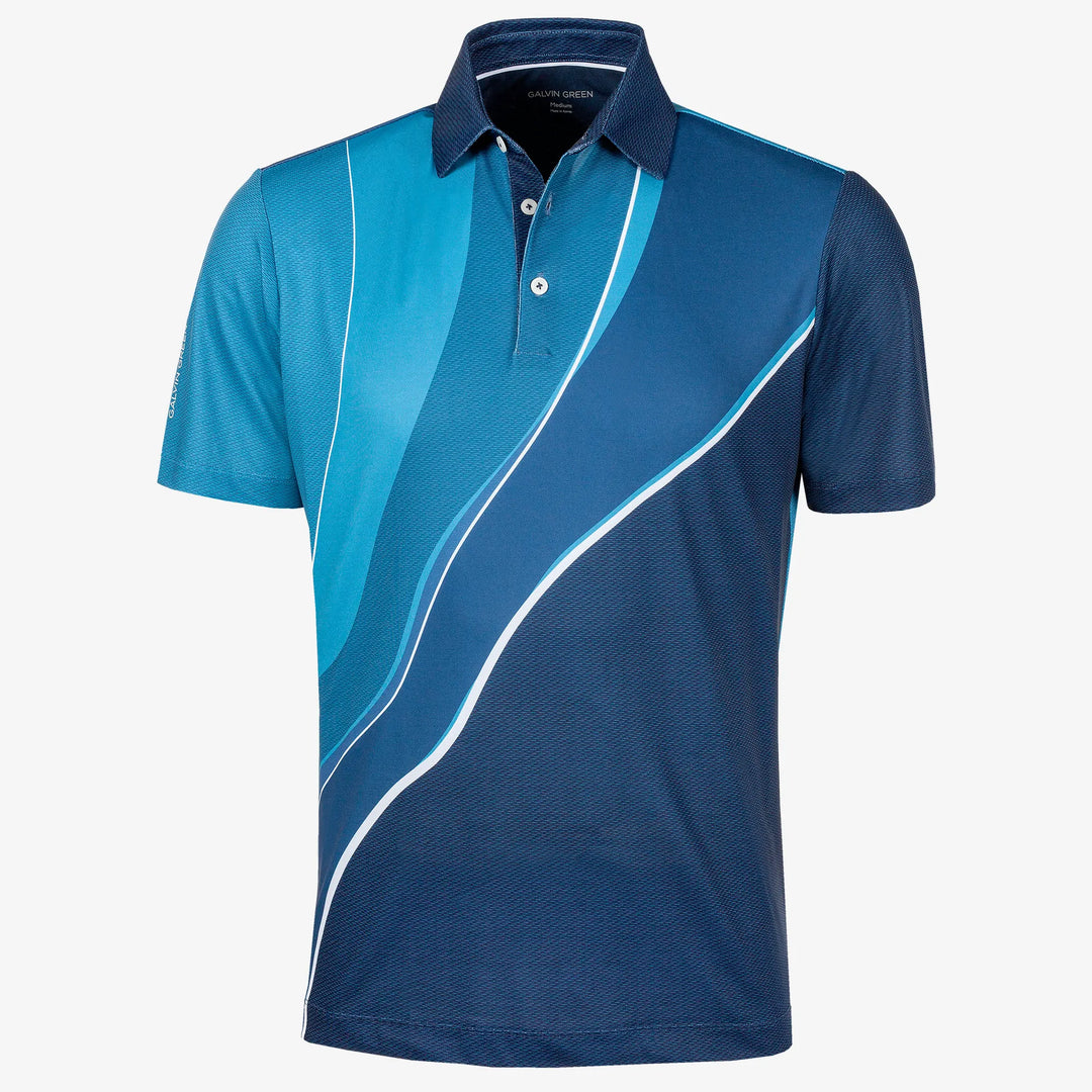 Mico is a Breathable short sleeve golf shirt for Men in the color Ensign Blue/Niagra Blue/Navy(0)