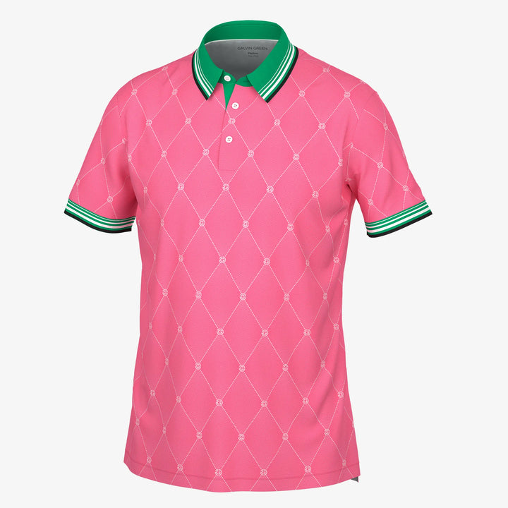 Miguel is a Breathable short sleeve golf shirt for Men in the color Pink/Golf Green(0)