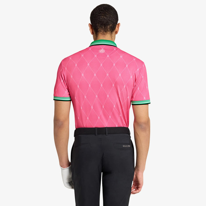 Miguel is a Breathable short sleeve golf shirt for Men in the color Pink/Golf Green(4)