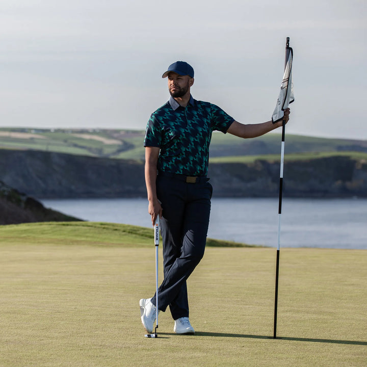 Miles is a Breathable short sleeve golf shirt for Men in the color Navy/Golf Green(8)