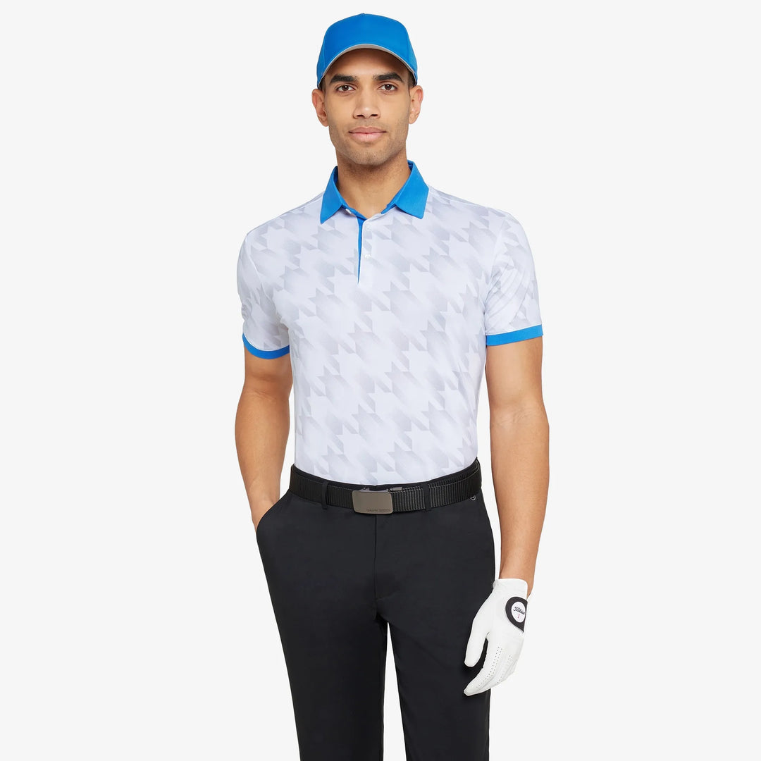 Miles is a Breathable short sleeve golf shirt for Men in the color White/Royal Blue(1)
