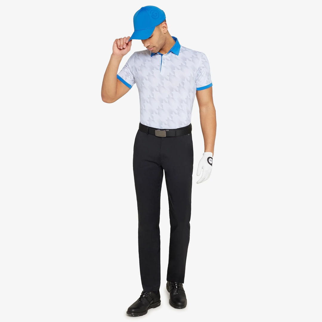 Miles is a Breathable short sleeve golf shirt for Men in the color White/Royal Blue(2)