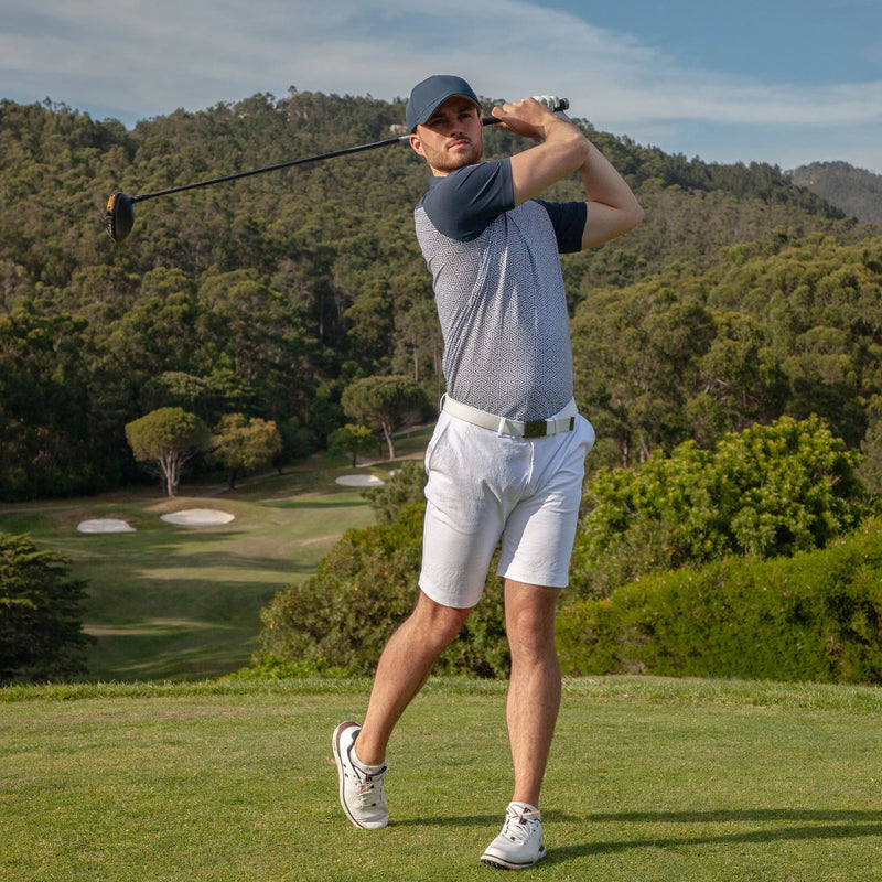 Mile is a Breathable short sleeve golf shirt for Men in the color Navy/Cool Grey(8)