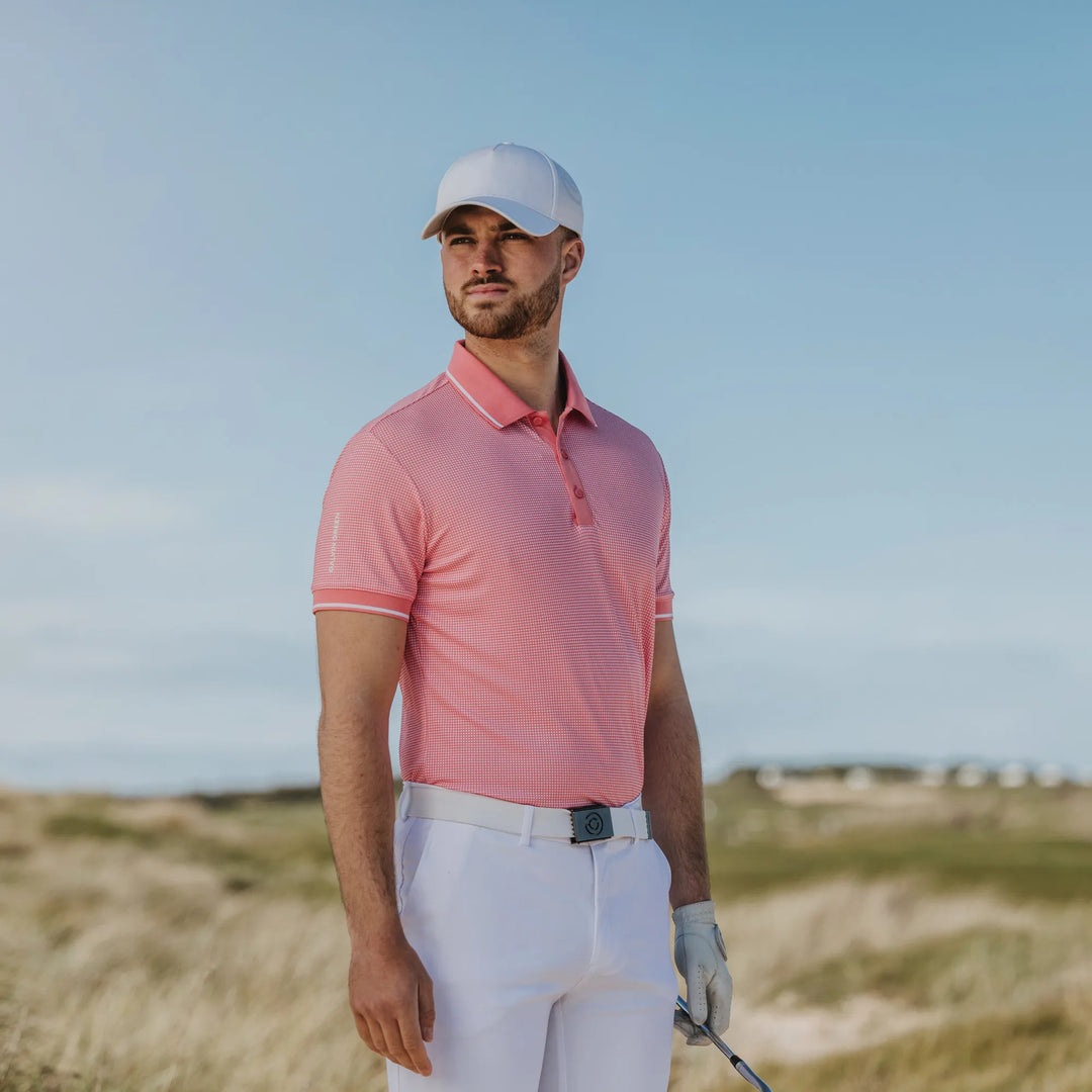 Miller is a Breathable short sleeve golf shirt for Men in the color Coral/White (8)