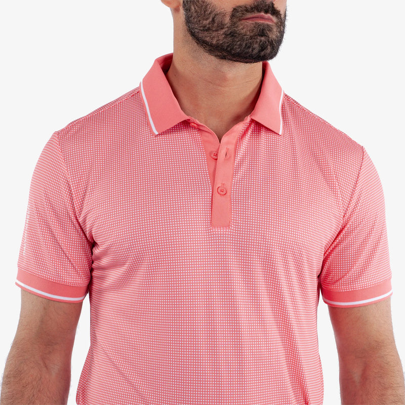 Miller is a Breathable short sleeve golf shirt for Men in the color Coral/White (3)