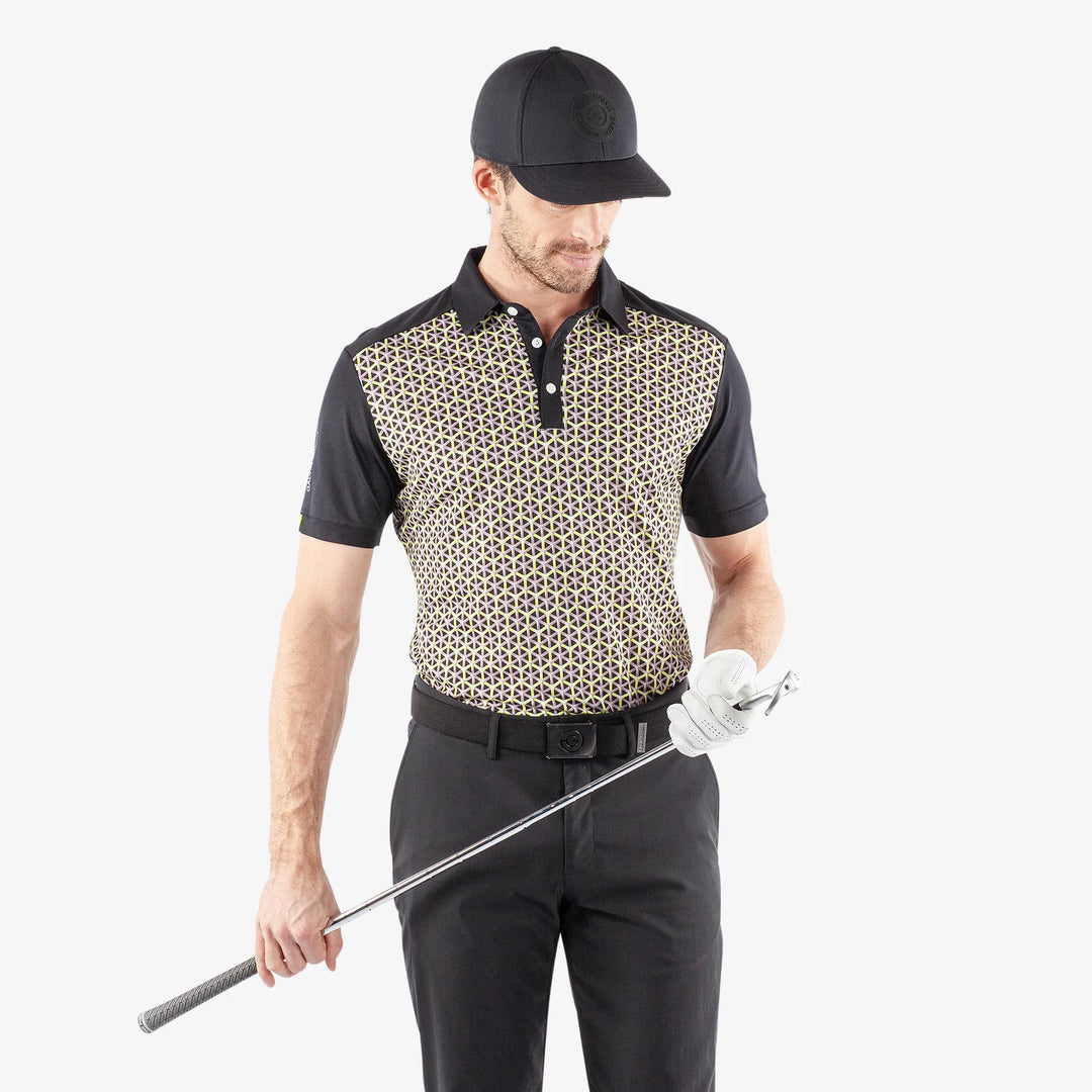 Mio is a Breathable short sleeve golf shirt for Men in the color Sunny Lime/Black(1)