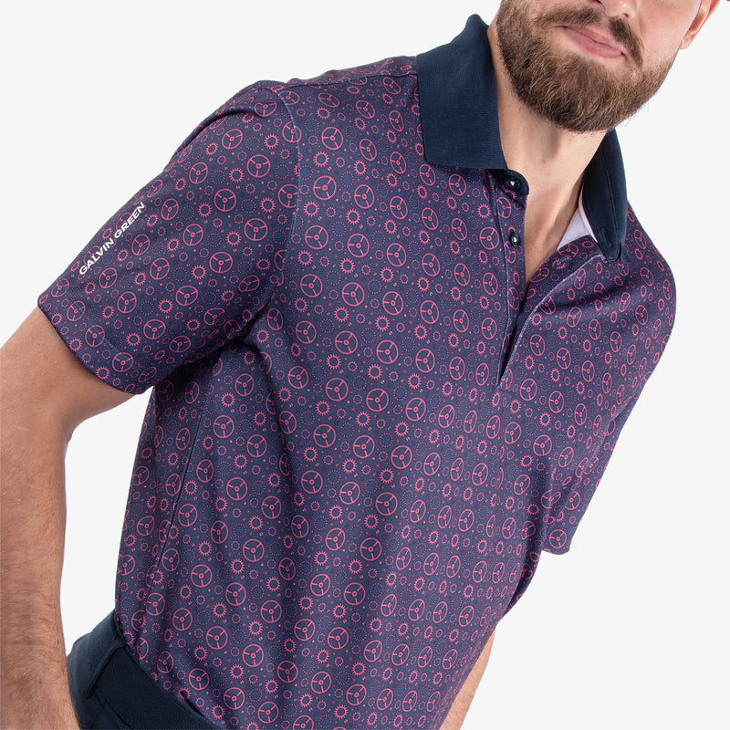 Miracle is a Breathable short sleeve golf shirt for Men in the color Camelia Rose/Navy(3)