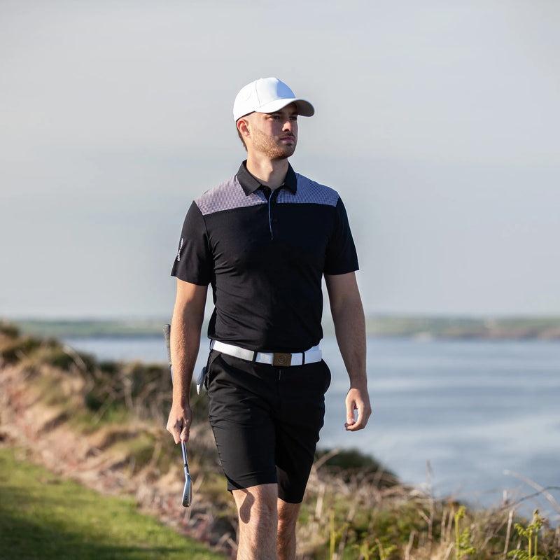 Miran is a Breathable short sleeve golf shirt for Men in the color Black/Royal Blue(8)