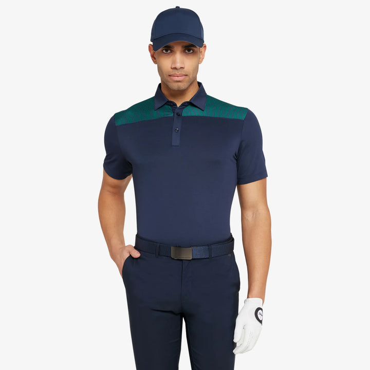 Miran is a Breathable short sleeve golf shirt for Men in the color Navy/Golf Green(1)