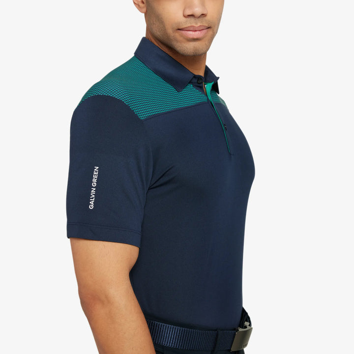 Miran is a Breathable short sleeve golf shirt for Men in the color Navy/Golf Green(3)