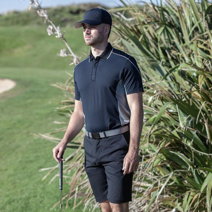 Monte is a Breathable short sleeve golf shirt for Men in the color Black/Sharkskin(8)
