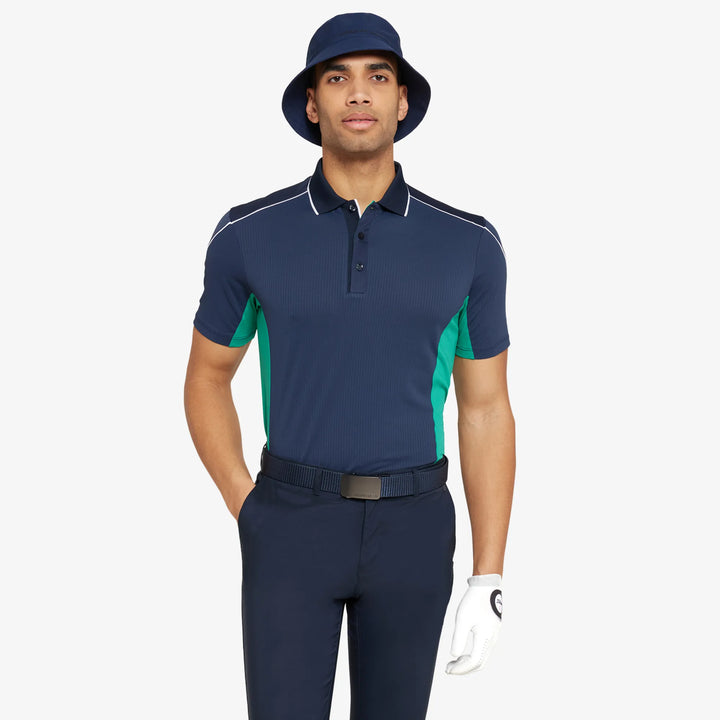 Monte is a Breathable short sleeve golf shirt for Men in the color Navy/Golf Green(1)