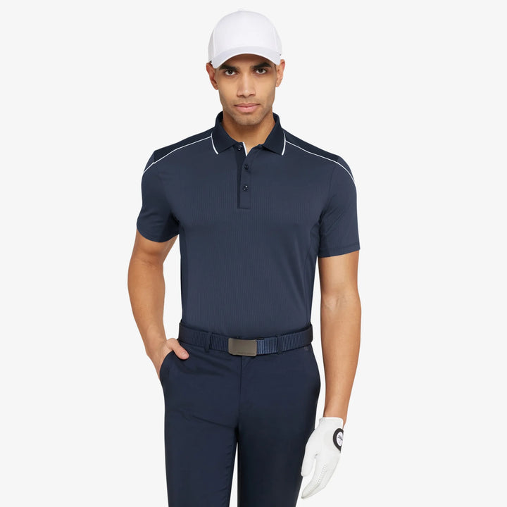 Monte is a Breathable short sleeve golf shirt for Men in the color Navy/White(1)