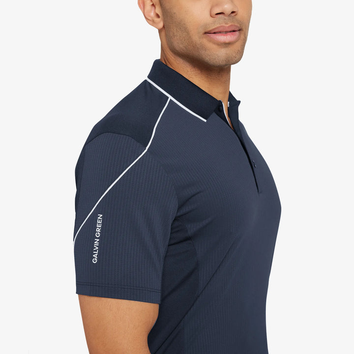 Monte is a Breathable short sleeve golf shirt for Men in the color Navy/White(3)