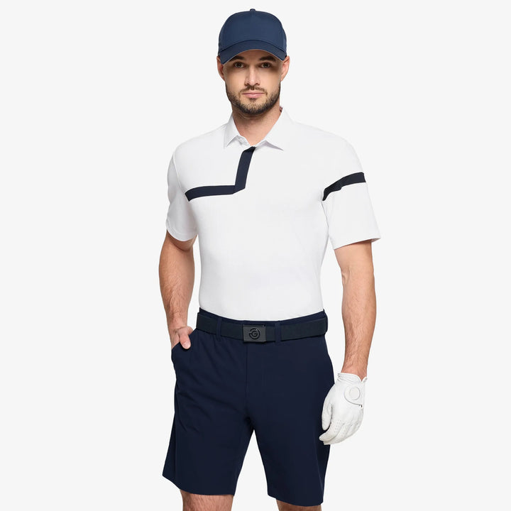 Morley is a Breathable short sleeve golf shirt for Men in the color White/Navy(1)