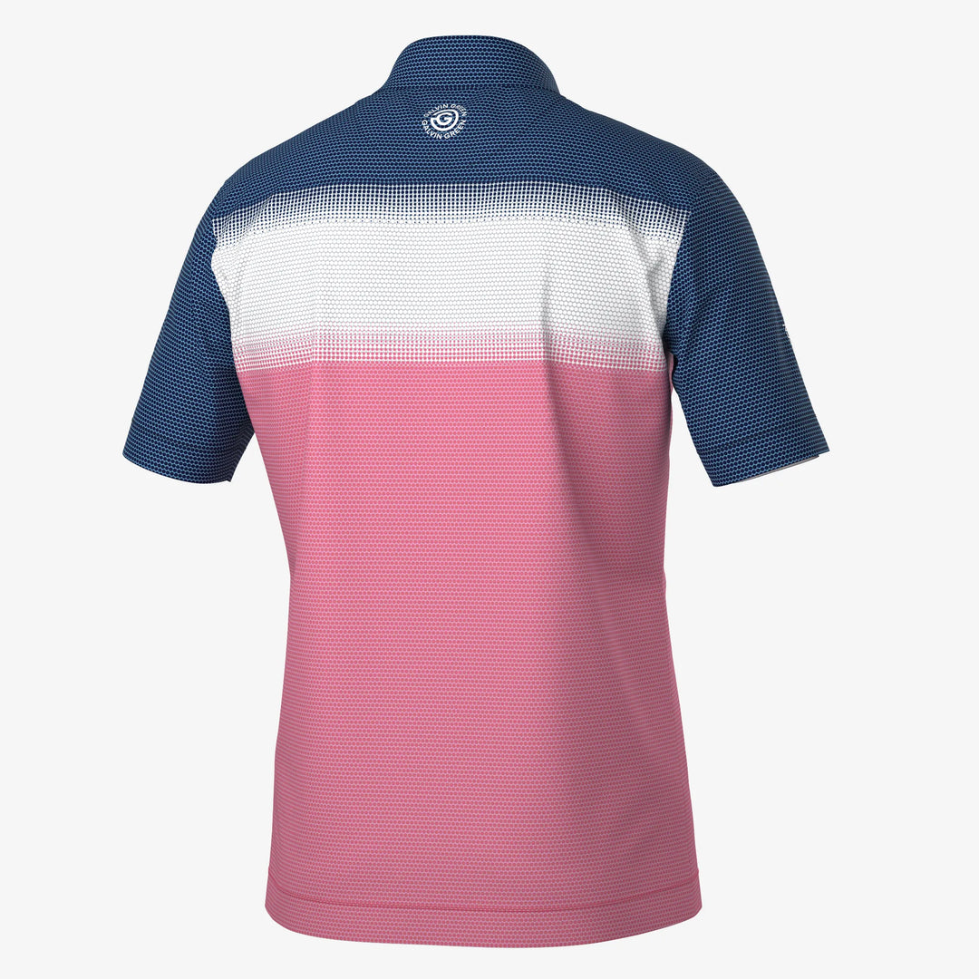 Mirca is a Breathable short sleeve golf shirt for Men in the color Camelia Rose/White/N(7)