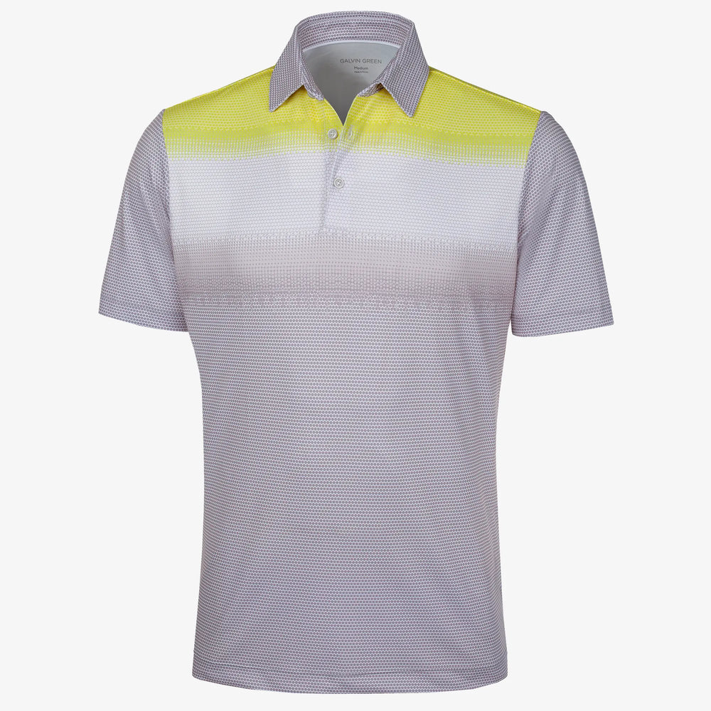 Mirca is a Breathable short sleeve golf shirt for Men in the color Cool Grey/White/Sunny Lime(0)