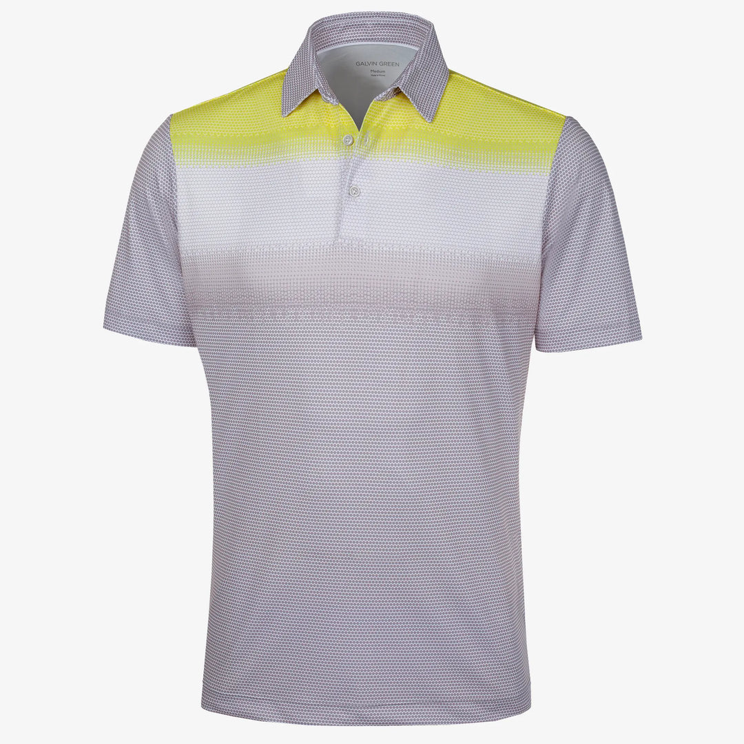 Mirca is a Breathable short sleeve golf shirt for Men in the color Cool Grey/White/Sunny Lime(0)