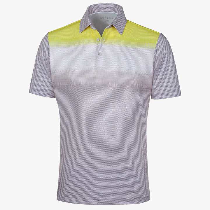 Mirca is a Breathable short sleeve golf shirt for Men in the color Cool Grey/White/Sunny Lime(0)