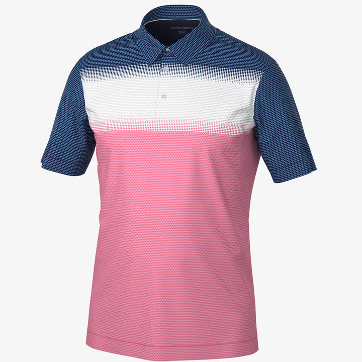 Mirca is a Breathable short sleeve golf shirt for Men in the color Camelia Rose/White/N(0)