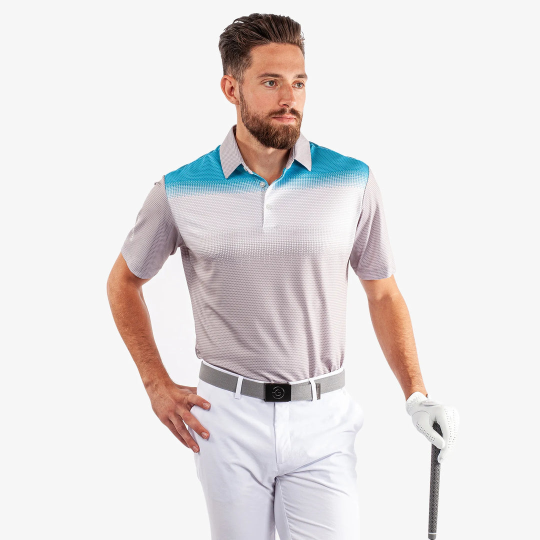 Mirca is a Breathable short sleeve golf shirt for Men in the color Cool Grey/White/Aqua(1)