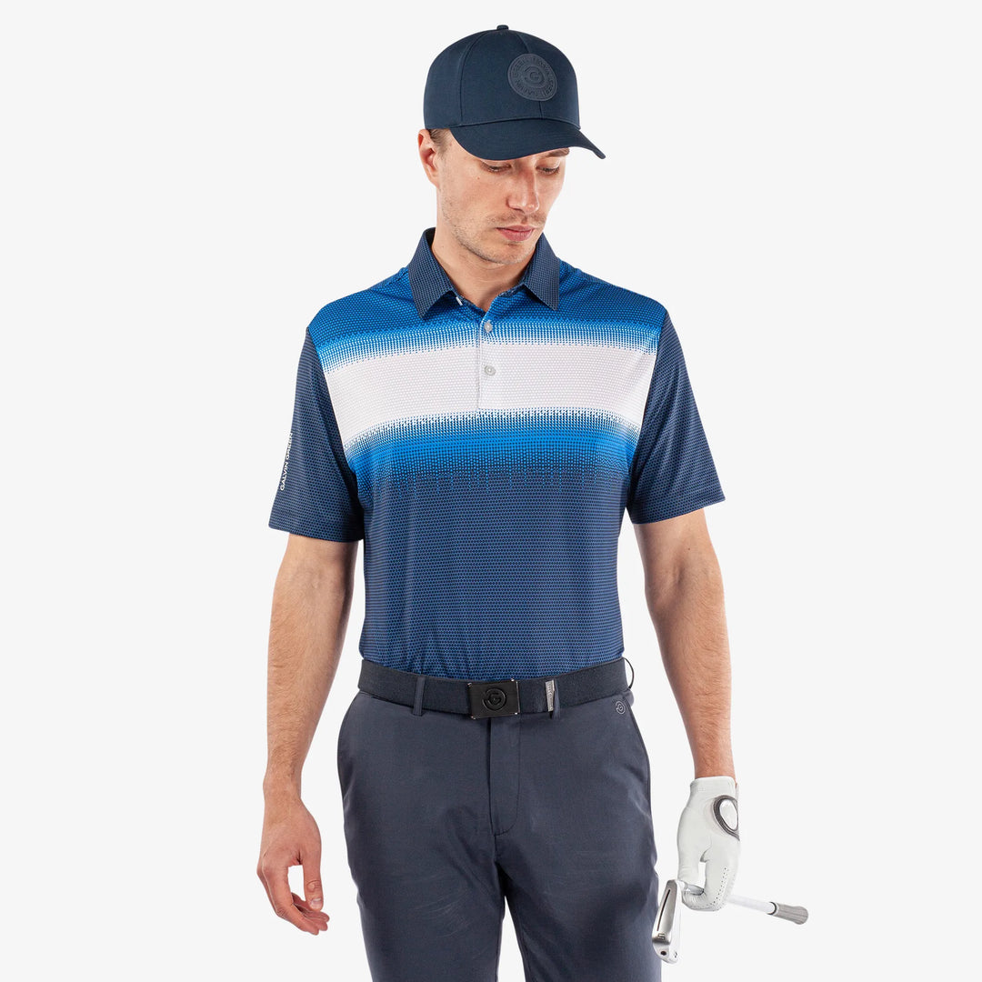 Mirca is a Breathable short sleeve golf shirt for Men in the color Navy/White/Blue (1)