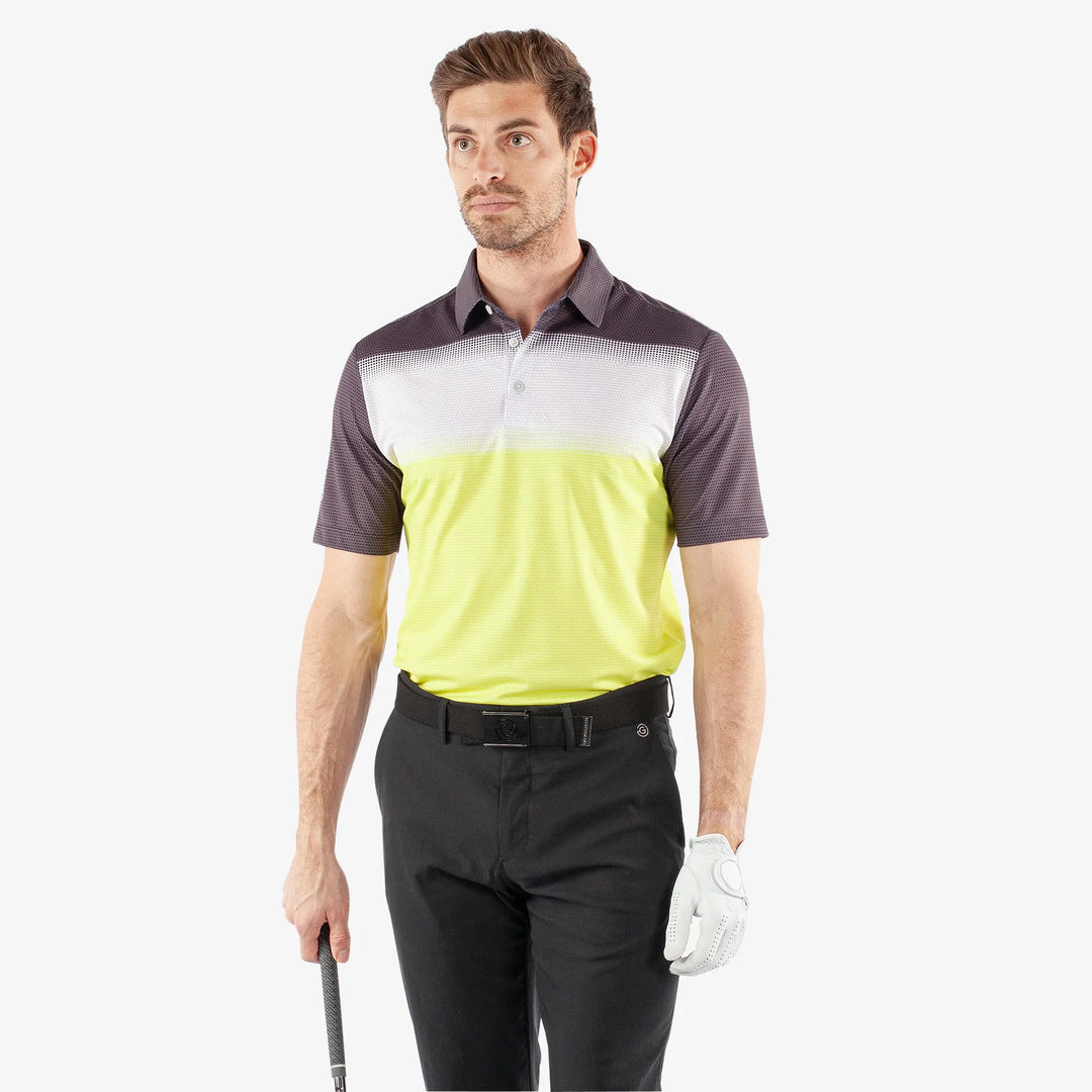 Mirca is a Breathable short sleeve golf shirt for Men in the color Sunny Lime/White/Bla(1)