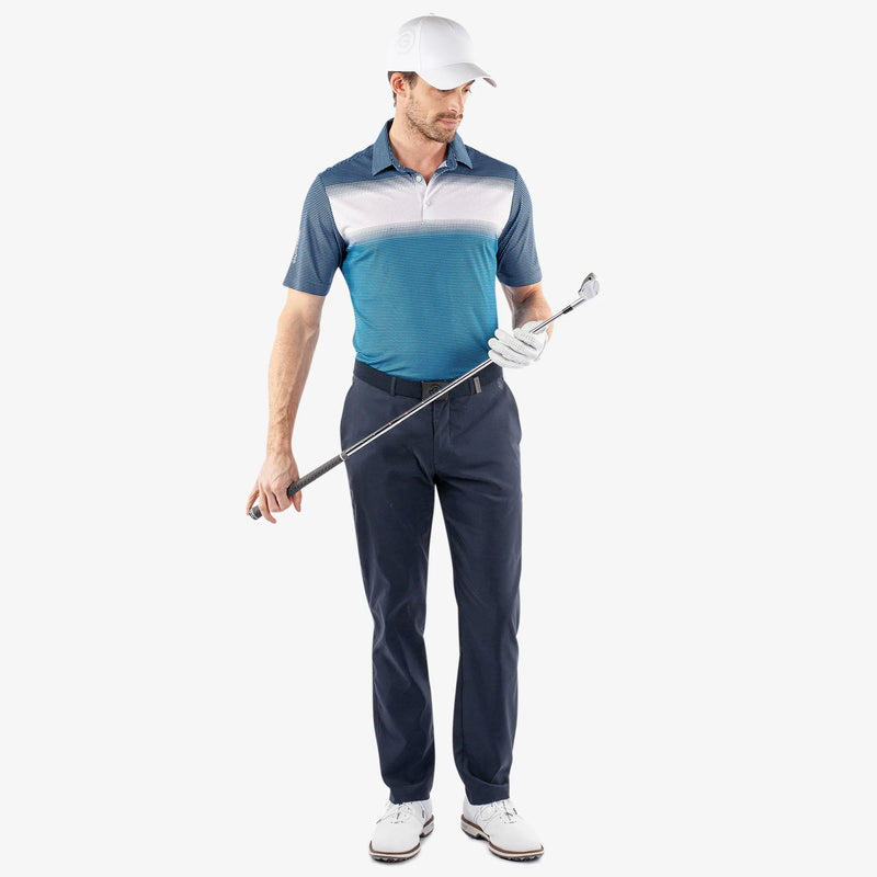 Mirca is a Breathable short sleeve golf shirt for Men in the color Aqua/White/Navy(2)