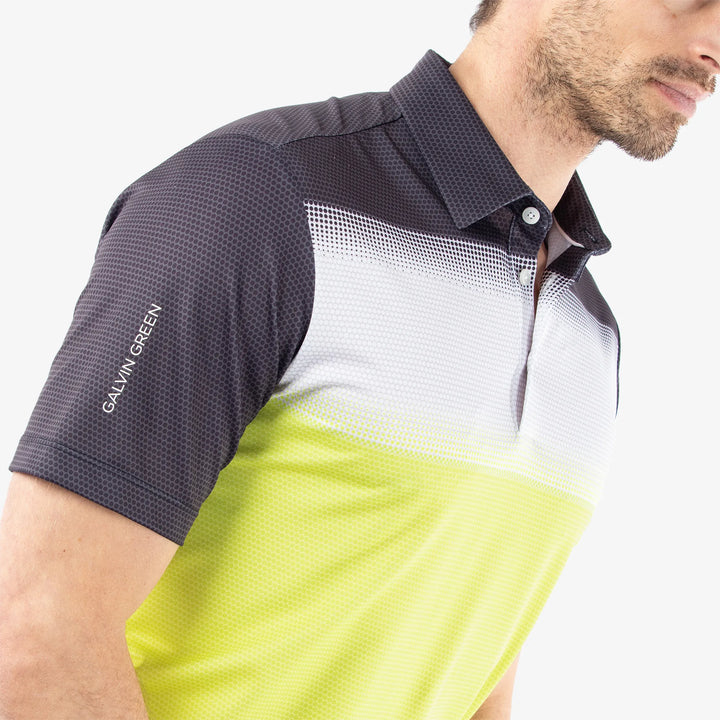 Mirca is a Breathable short sleeve golf shirt for Men in the color Sunny Lime/White/Bla(3)