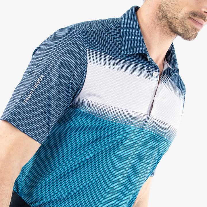 Mirca is a Breathable short sleeve golf shirt for Men in the color Aqua/White/Navy(3)