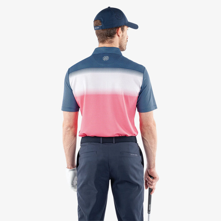 Mirca is a Breathable short sleeve golf shirt for Men in the color Camelia Rose/White/N(4)