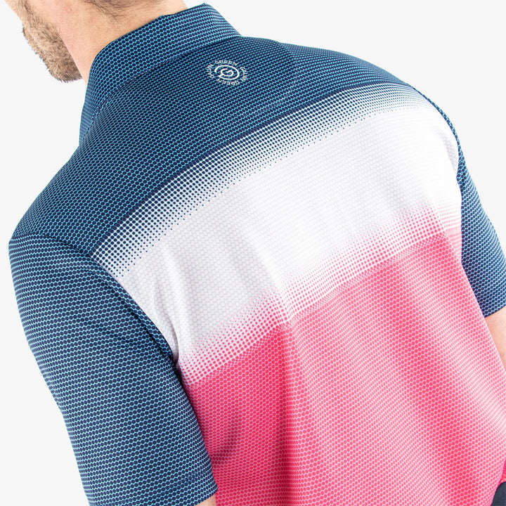 Mirca is a Breathable short sleeve golf shirt for Men in the color Camelia Rose/White/N(5)