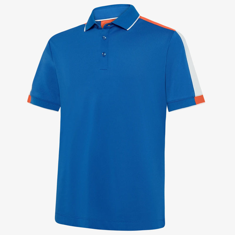 Mulligan is a Breathable short sleeve golf shirt for Men in the color Royal Blue/White/Orange(0)