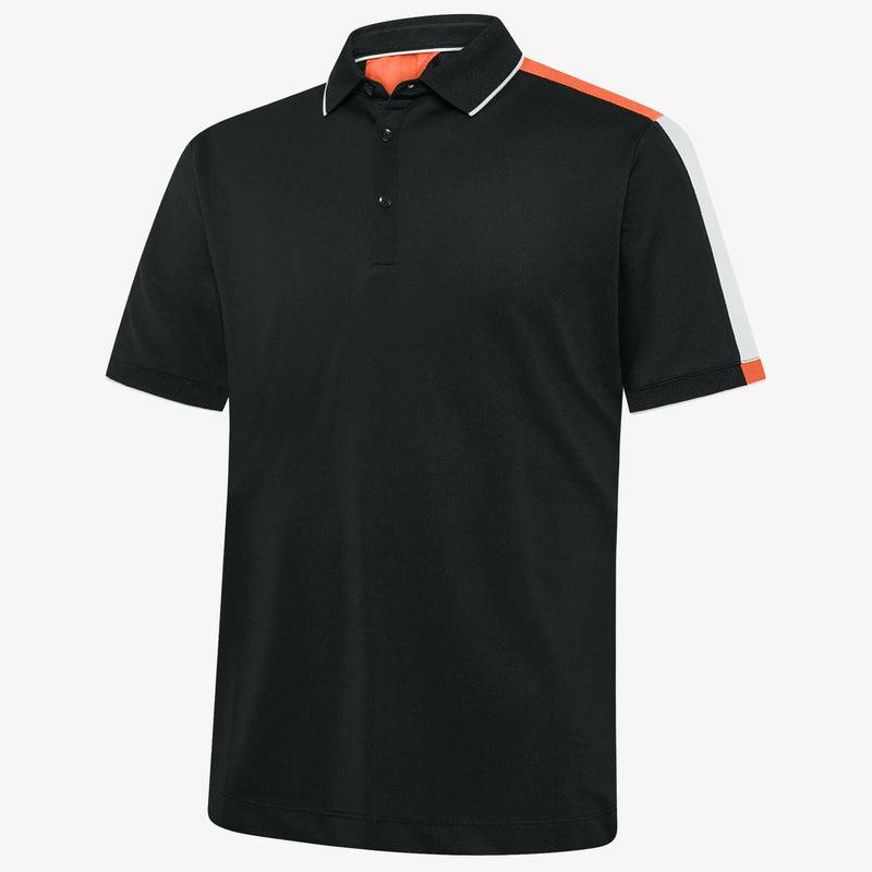 Mulligan is a Breathable short sleeve golf shirt for Men in the color Black/White/Orange(0)