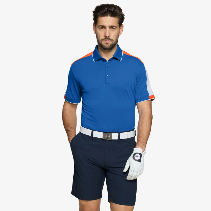 Mulligan is a Breathable short sleeve golf shirt for Men in the color Royal Blue/White/Orange(1)