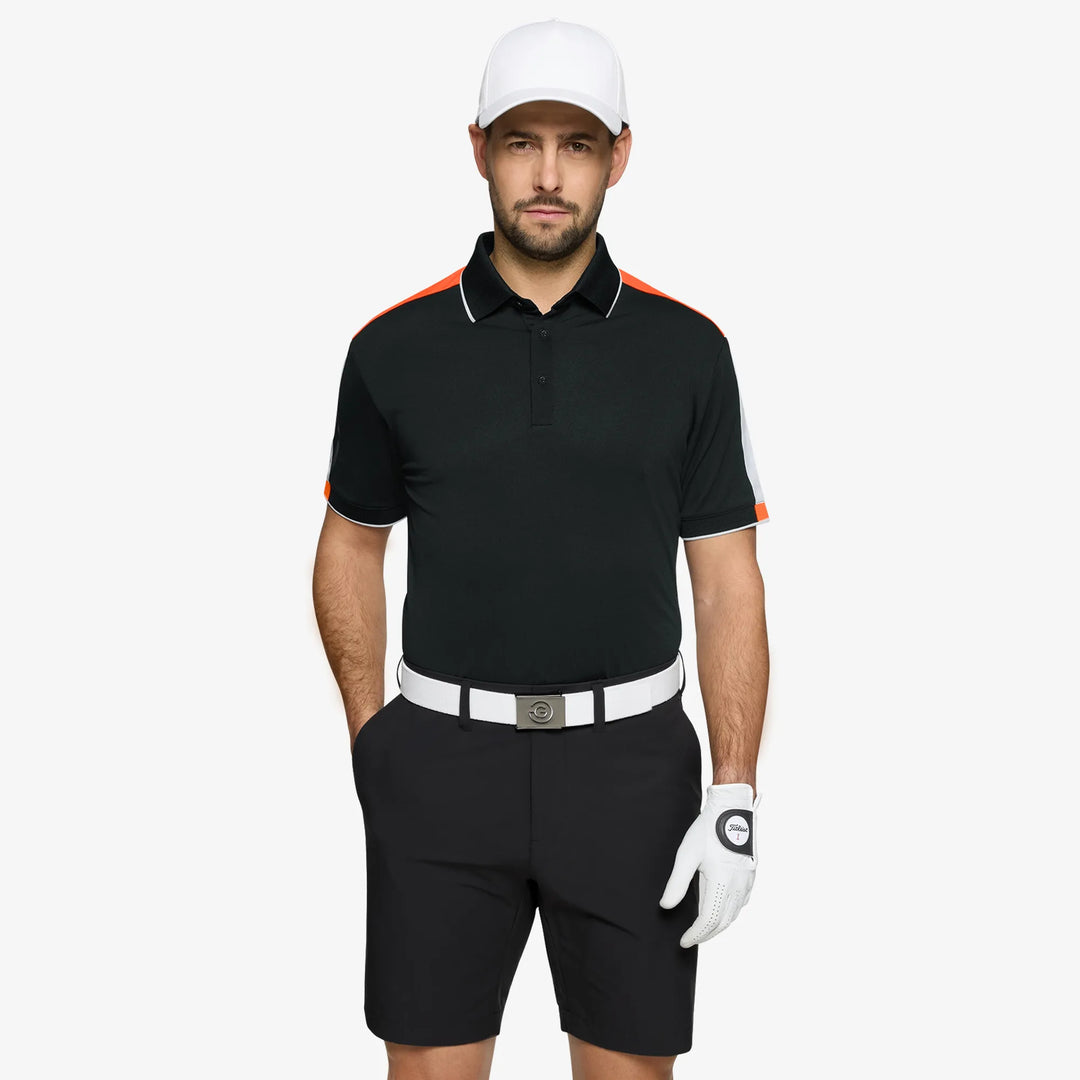 Mulligan is a Breathable short sleeve golf shirt for Men in the color Black/White/Orange(1)