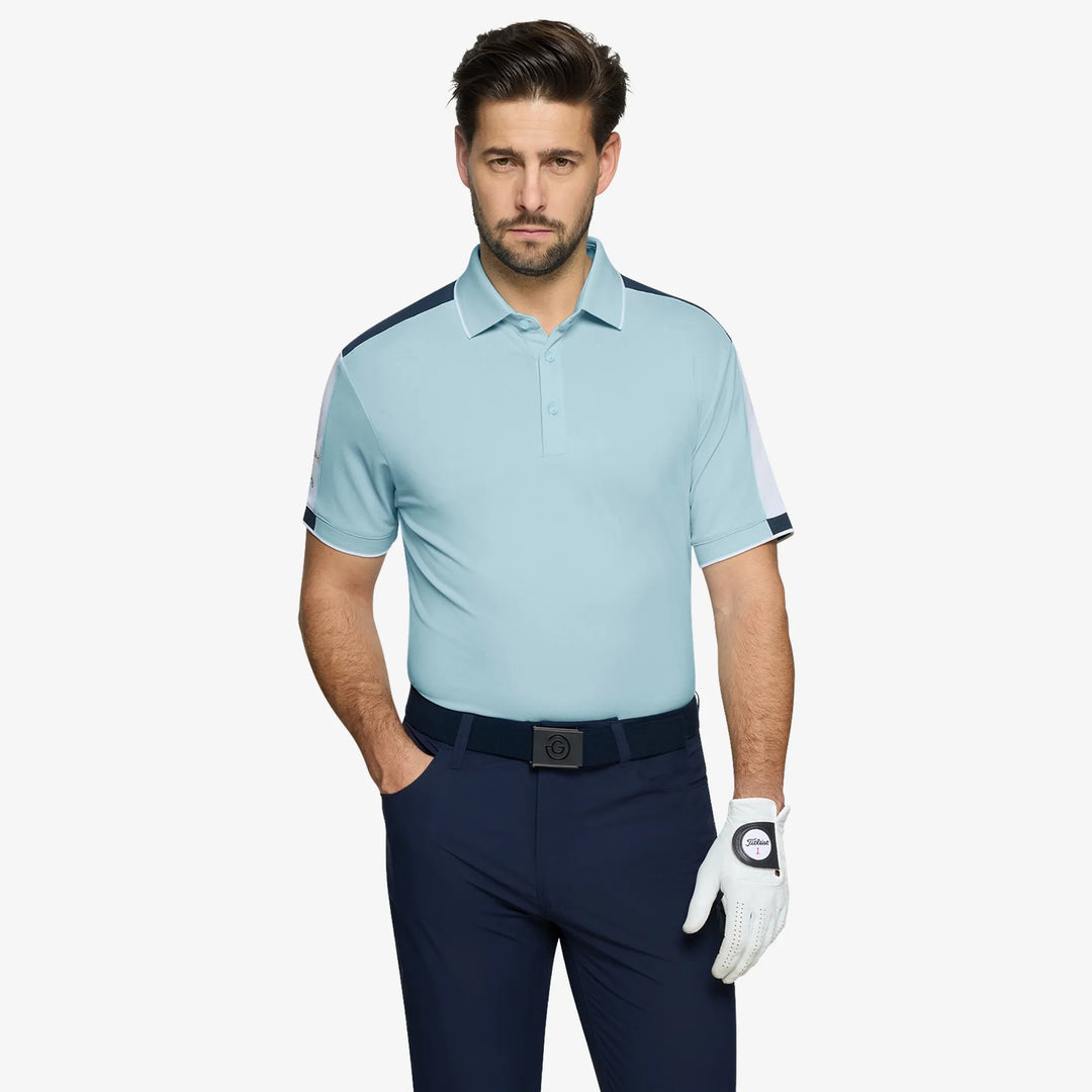 Mulligan is a Breathable short sleeve golf shirt for Men in the color Crystal Blue/White/Navy(1)