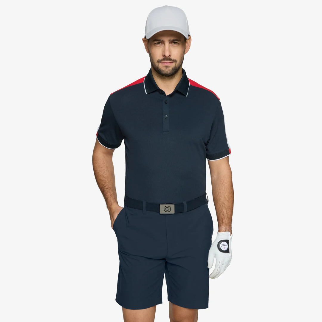 Mulligan is a Breathable short sleeve golf shirt for Men in the color Navy/Red/White(1)