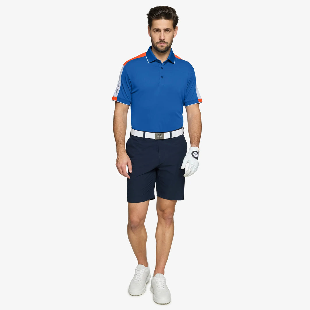 Mulligan is a Breathable short sleeve golf shirt for Men in the color Royal Blue/White/Orange(2)