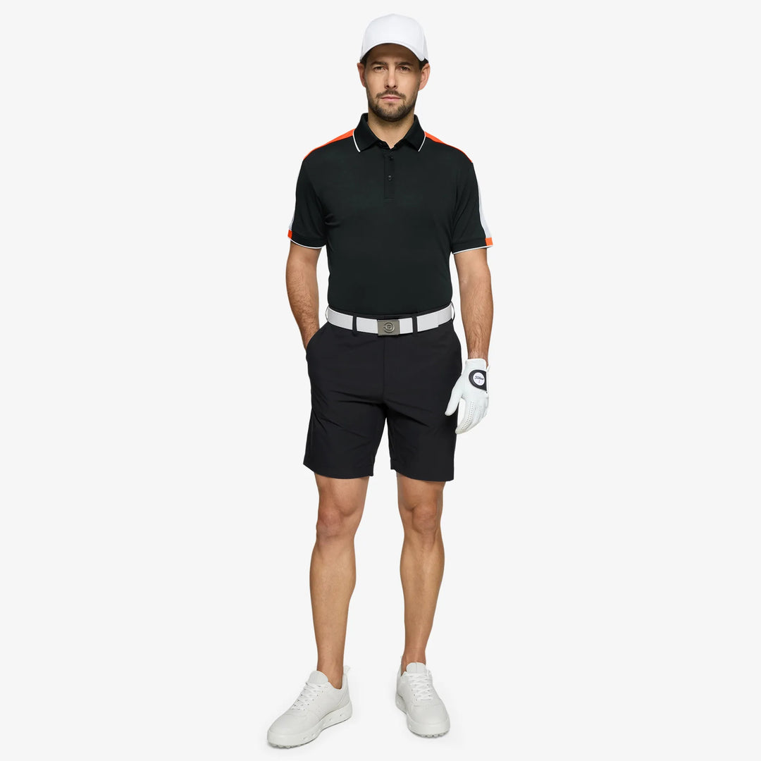 Mulligan is a Breathable short sleeve golf shirt for Men in the color Black/White/Orange(2)
