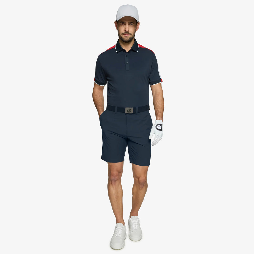 Mulligan is a Breathable short sleeve golf shirt for Men in the color Navy/Red/White(2)