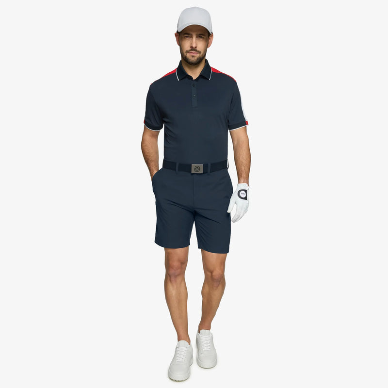 Mulligan is a Breathable short sleeve golf shirt for Men in the color Navy/Red/White(2)